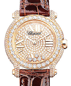 Happy Sport Round in Rose Gold with Diamond Bezel on Brown Crocodile Leather Strap with Pave Diamond Dial