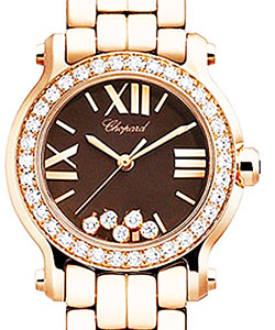 Happy Sport Round in Rose Gold with Diamond Bezel on Rose Gold Bracelet with Brown Dial 5 Floating Diamonds