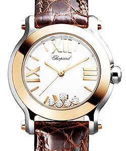 Happy Sport Round in Steel with Rose Gold Bezel on Brown Alligator Leather Strap with White Dial - 5 Floating Diamonds
