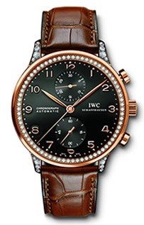 Portuguese Chronograph 40.09mm Automaitc in Rose Gold with Diamond Bezel on Brown Alligator Leather Strap with Black Dial