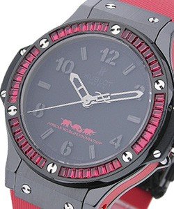 Big Bang Out in Africa  38mm in Black Ceramic with Red Baguette Diamond Bezel on Red Rubber Strap with Black Dial