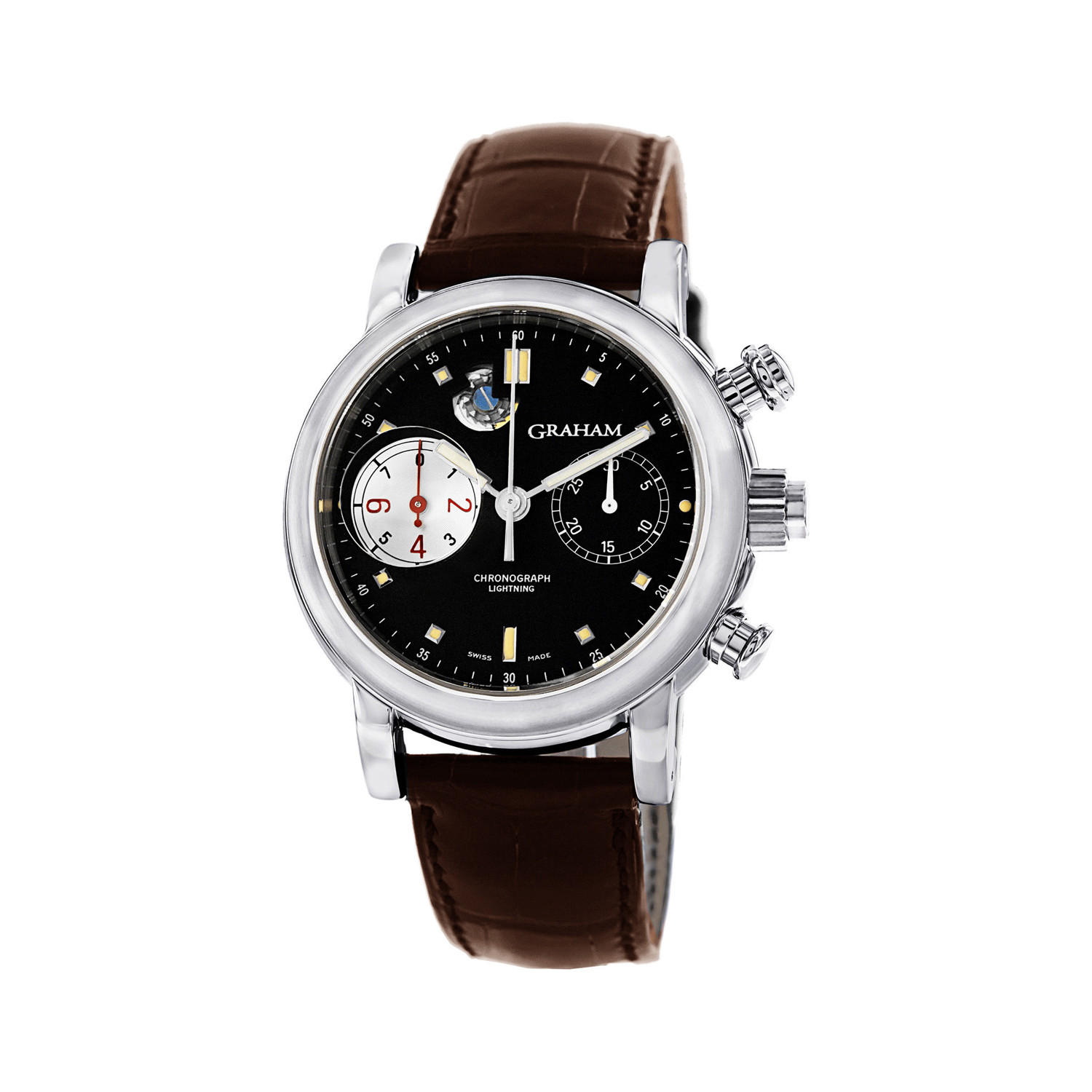 Graham Foudroyante Split-Second Chronograph in Steel on Brown Alligator Leather Strap with Black Dial