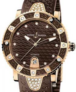 Lady Marine Diver 40mm in Rose Gold with Diamond Bezel On Brown Rubber Strap with Brown Diamond Dial