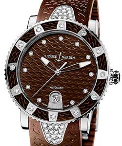 Lady Diver Marine 40mm in Steel with Diamond Bezel on Brown Rubber Strap with Brown Diamond Dial