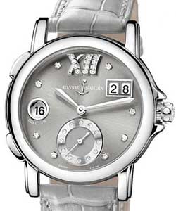 Dual Time Small Second 37mm in Steel on Light Grey Leather Strap with Grey Diamond Dial