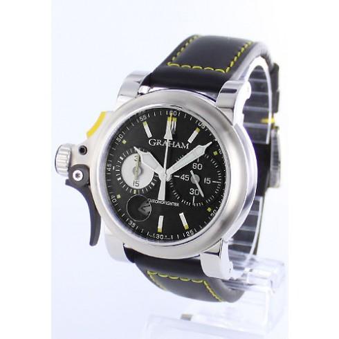 Chronofighter R.A.C Trigger Black Rush in Steel on Black Leather with Yellow Stitching Strap with Black Dial