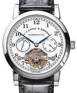 Lange Tourbillon Pour le Merite Mens Manual in Platinum On Black Crocodile Strap with White MOP Dial