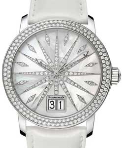 Leman Grand Date 40mm Automatic in White Gold with Double Diamonds Bezel on White Leather Strap with MOP Diamonds Dial
