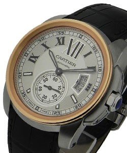 Calibre De Cartier in 2-Tone Rose Gold and Stainless on Strap with Silver Dial