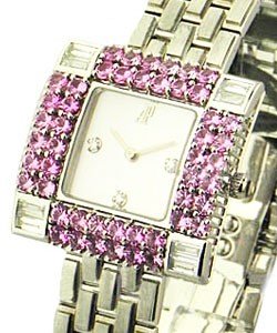 Ladies Square Case with Pink Sapphire Bezel White Gold on Bracelet -  Pink MOP Dial
