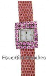 Lady's White Gold Sapphire Watch in White Gold with Pink Sapphire Bezel on Brown Leather Strap with MOP and Diamond Markers Dial