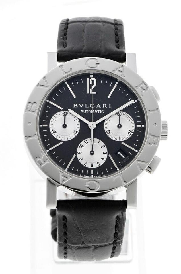 Bvlgari-Bvlgari 38mm Chronograph in Steel on Black Crocodile Leather Strap with Black Dial
