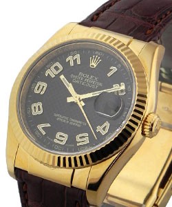 Datejust in Yellow Gold with Fluted Bezel on Strap with Black Arabic Dial