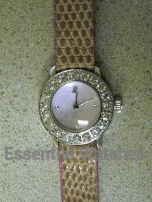 Lady's White Gold Diamond Watch in White Gold with Diamond Bezel on Brown Crocodile Leather Strap with MOP and Diamonds Dial