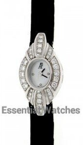 Lady's White Gold Diamond Watch in White Gold with Diamond Bezel on Black Leather Strap with MOP Diamonds Dial
