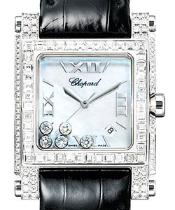 Happy Sport Square in White Gold with Diamond Bezel on Black Crocodile Leather Strap with Blue MOP Dial