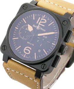 BR03-94 Chronograph Heritage in Black Carbon Coated Steel on Beige Leather Strap with Black Dial