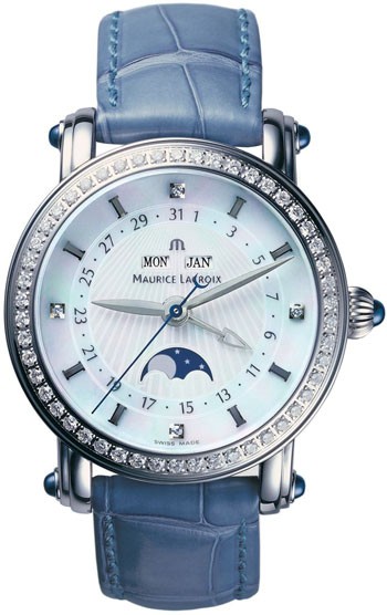 Masterpiece Phase De Lune in Steel with Diamond Bezel on Blue Crocodile Leather Strap with Mother of Pearl Dial