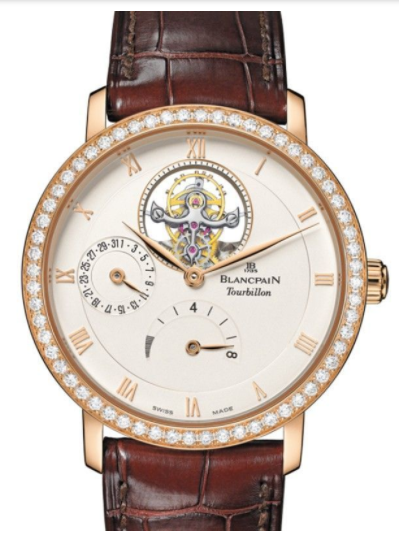 Villeret Tourbillon  38mm Automatic in Rose Gold with Diamonds Bezel on brown Crocodile Leather Strap with Silver Opaline Dial