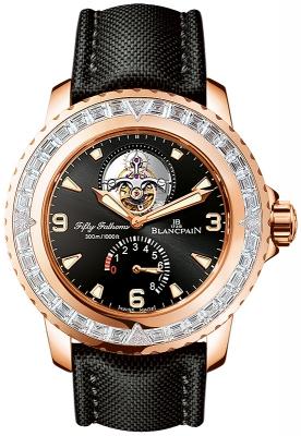 Fifty Fathoms Tourbillon Rose Gold with Diamonds Bezel on Strap with Black Dial