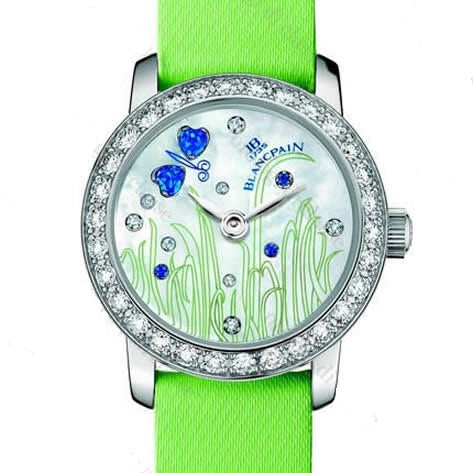 Ladybird Ultra Slim 21.5mm Automatic in White Gold with Diamonds Bezel on Green Satin Strap with MOP Dial