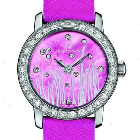 Ladybird Ultra Slim 21.5mm Automatic in White Gold with Diamonds Bezel on Fuschia Pink Satin Strap with Pink MOP Dial