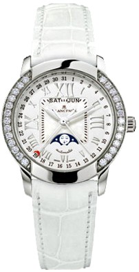 Leman Complete Calendar 34mm Automatic in White Gold with Diamond Bezel on White Crocodile Leather Strap with White MOP Dial