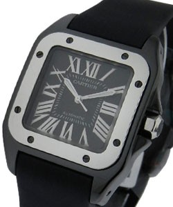 Santos 100 in Black Stainless Steel, Small Size 32mm on Black Rubber Strap with Black Dial