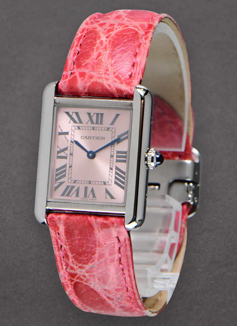 Cartier Tank Solo Small in Steel Steel on Strap with Pink Lacquered dial