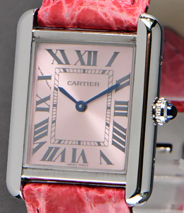 Tank Solo Small in Steel on Pink Crocodile Leather Strap with Pink Lacquered dial