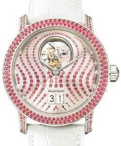 Leman Ladies Tourbillon 38mm Automatic in White Gold with Pink Rubies Bezel on White Crocodile Leather Strap with Ruby Dial