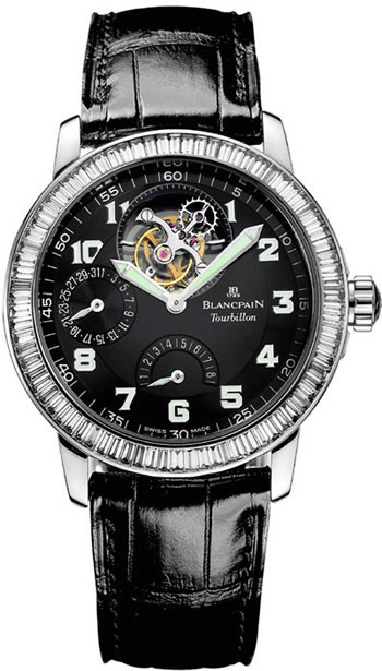 Leman Tourbillon Power Reserve 38mm Automatic in White Gold with Badguette Diamonds Bezel on Black Crocodile Leather Strap with Black Dial