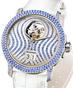 Leman Tourbillon Grande Date 38mm Automatic in White Gold with Emeralds Diamonds Bezel on White Crocodile Leather Strap with Gold Having Purple Diamonds Dial 