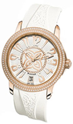 Leman Ultra-Slim 34mm Automatic in Rose Gold with Double Diamonds Bezel on White Rubber Strap with White Dial