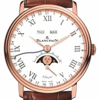 Villeret Moon Phase Complete Calendar 42mm Automatic in Rose Gold- Limited 275pcs on Brown Crocodile Leather Strap with White Opaline Dial