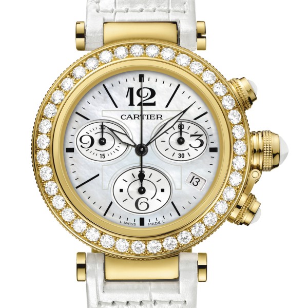Pasha Seatimer Medium in Yellow Gold with Diamond Bezel on White Crocodile Leather Strap with Mother of Pearl Dial