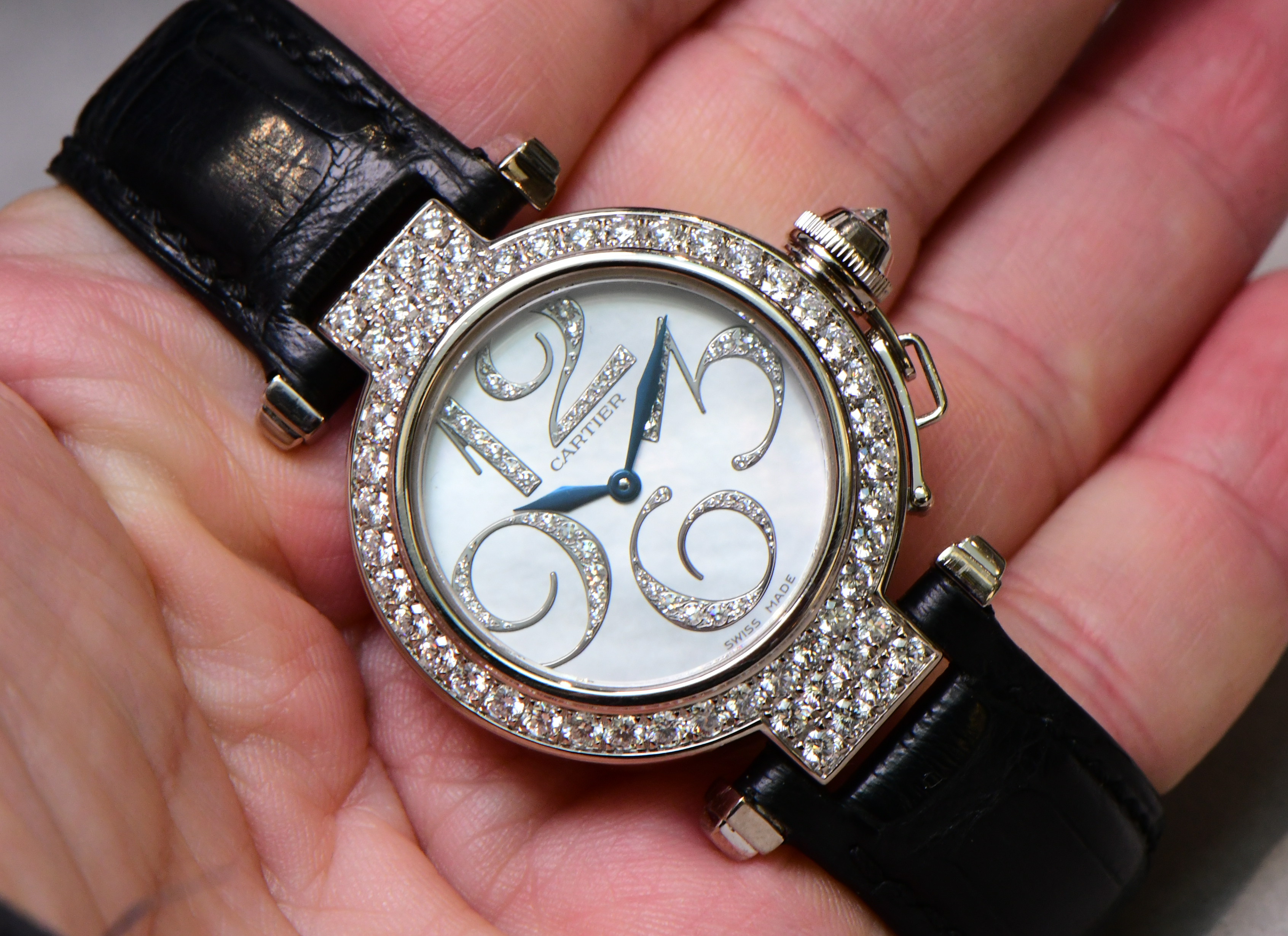 Cartier Pasha 32mm  with Diamond Bezel White Gold on Strap with White Diamond Dial