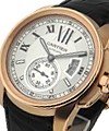 Calibre De Cartier in Rose Gold On Brown Leather Strap with Silver Dial