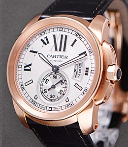 Calibre De Cartier in Rose Gold On Brown Leather Strap with Silver Dial