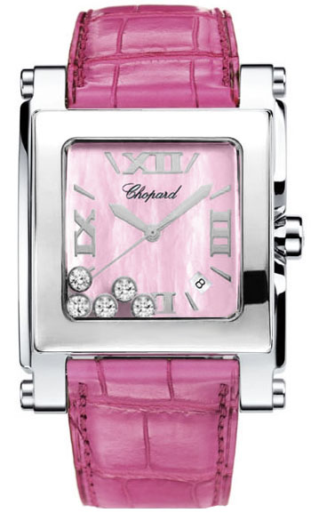 Happy Sport II Square in Steel on Pink Alligator Leather Strap with Pink MOP Dial