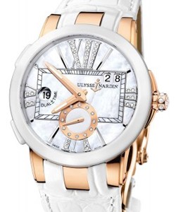 Executive Dual Time Lady's in Rose Gold with White Ceramic Bezel  On White Leather Strap with White Mother of Pearl Diamond Dial