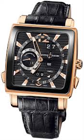 Quadrato Dual Time Perpetual in Rose Gold with Ceramic Bezel on Black Leather Strap with Black Dial