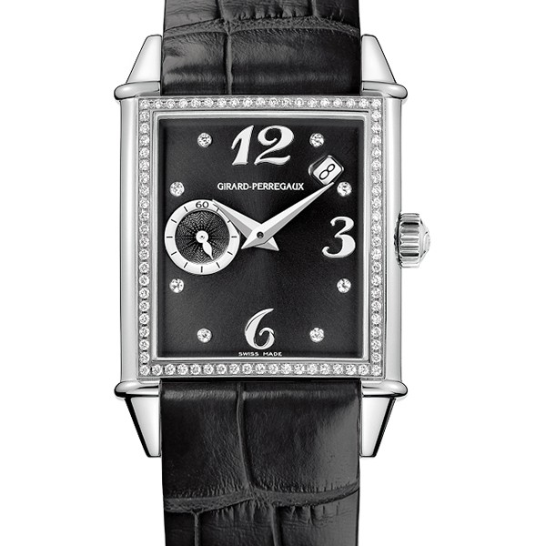 Vintage 1945 in Steel with Diamond Bezel On Black Leather Strap with Black Diamond Dial 