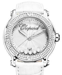Happy Sport Round in Steel with Diamond Bezel on White Crocodile Leather Strap with Silver Dial
