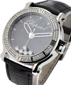 Happy Sport Round - 5 Floating Diamonds Steel-2 Row Diamond Bezel on Strap with Black Dial
