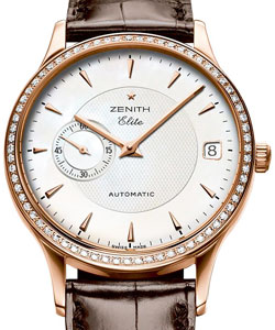 Class Elite Automatic in Rose Gold with Daimond Bezel on Brown Alligator Leather Strap with White Mother of Pearl Dial