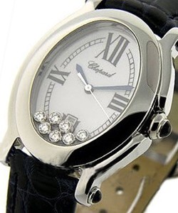 Happy Sport Oval in Steel on Black Alliagtor Leather Strap with White Dial with Floating Diamond