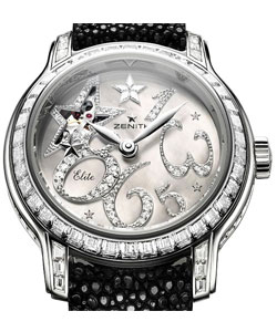 Starissime Baby Star Open Sky in White Gold with Diamond Bezel on Black Galuchat Strap with MOP Dial