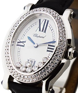 Happy Sport Oval with White Gold Bezel with 2 Rows of Diamonds Steel on Strap with Diamond Dial