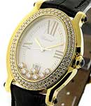 Happy Sport Oval in Yellow Gold with 2-Row Diamond Bezel on Blak Alligator Leather Strap with White Dial